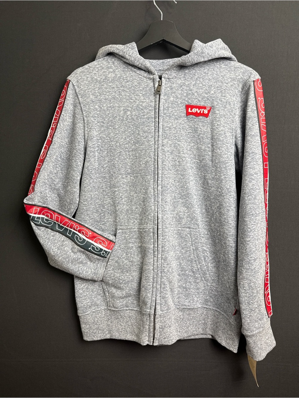 Levi's Kids Heather Gray Zip Hoodie with Red Logo Stripes
